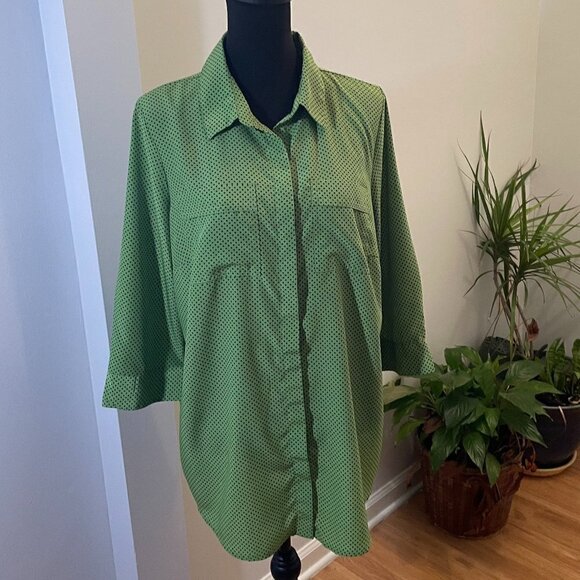 Liz Claiborne Woman Three Quarter Sleeve Blouse, Green with Black Dots, … - Picture 1 of 5